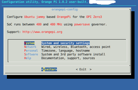 Tela inicial do orangepi-config